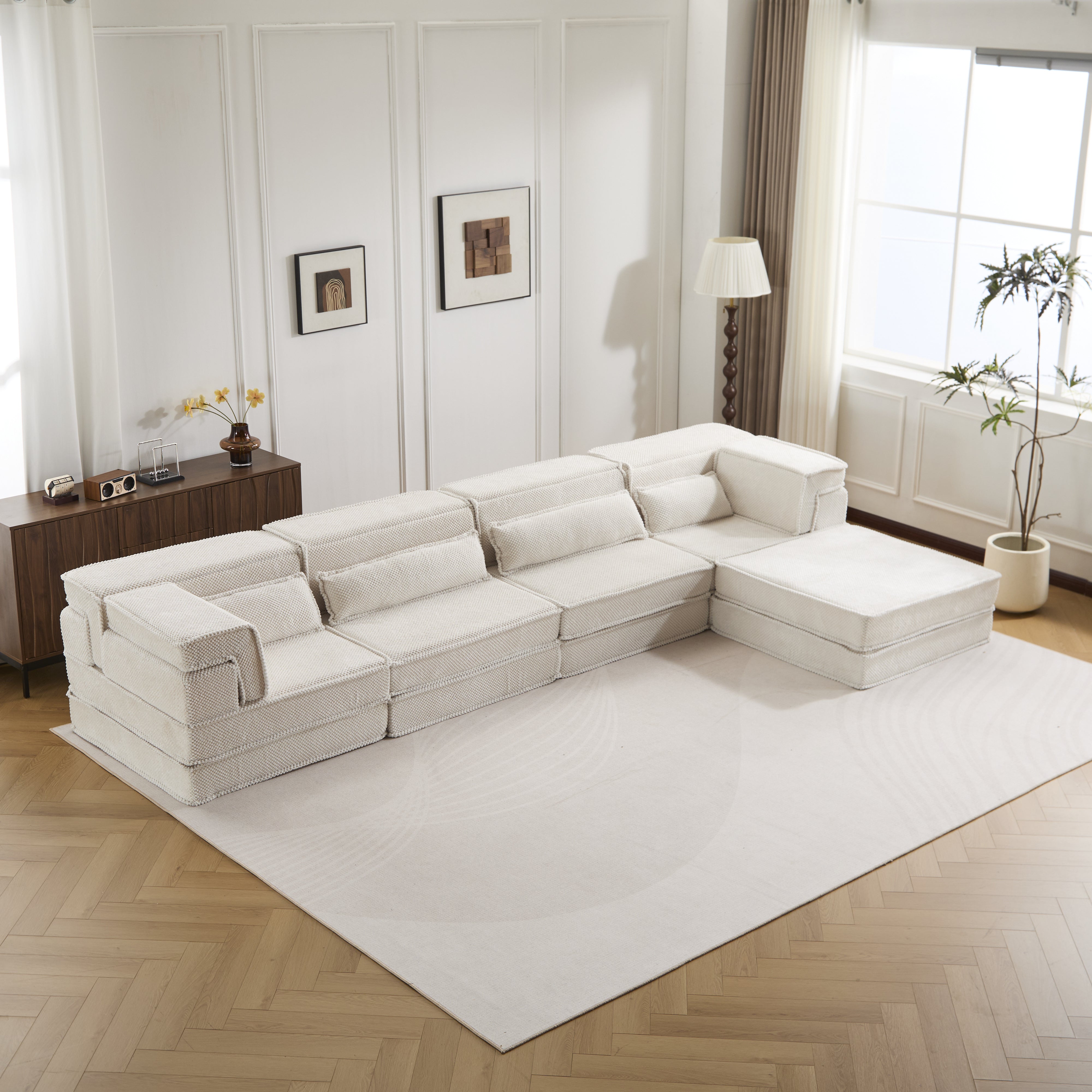 Sofá Mahjong de Compresión, Sofá Cama Convertible para el Suelo, Sofá Seccional Modular sin Huesos DIY, Sin Ensamblaje Requerido, Tejido de Lana de Circon Polar, Para 4 Personas Sobredimensionado con 1 Otomana, Blanco