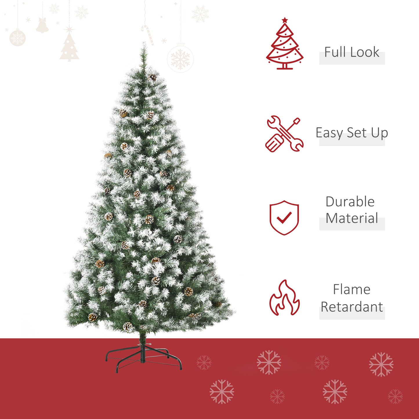 HOMCOM 6ft Unlit Snow-Dusted Full Fir Artificial Christmas Tree With Realistic Branches, 61 Pine Cones And 800 Tips