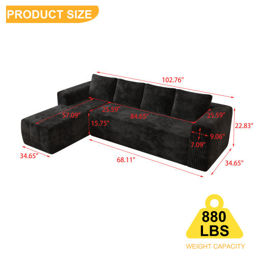Sofá Seccional Cloud con Chaise en Forma de L, Sofá Modular Moderno con Asiento Profundo, Sofás Tapizados con Chaise Orientado a la Derecha para Sala de Estar o Dormitorio, Sin Ensamblaje Requerido, Tela de Terciopelo Negro Suave