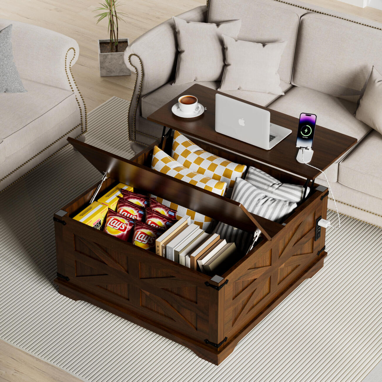 Mesa de Centro de Estilo Rústico con Superficie Elevable, Estación de Carga USB y Almacenamiento Oculto - Base de Madera Resistente, Opciones en Blanco-Marrón, Perfecta para la Organización del Salón, Mesa de Centro para el Salón, Versátil