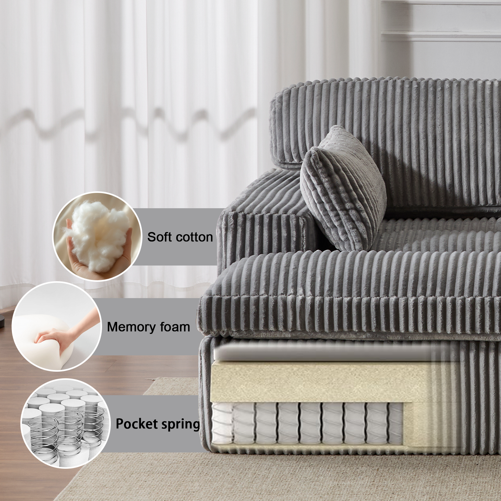 Silla de Chaise Lounge Doble para Interiores, Sofá Nube Oversized Tapizado, Cama de Sofá de Lujo con Asiento Profundo, Sofá Seccional Chaise Loveseat, Silla de Lectura de Corduroy para Sala de Estar, Sin Ensamblaje Requerido, Gris