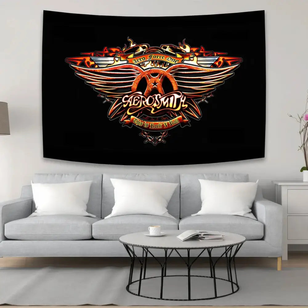Black aeromax tapestry with fiery orange and gold winged aerosmith band logo for band tapestry room decorbites aerosmith band