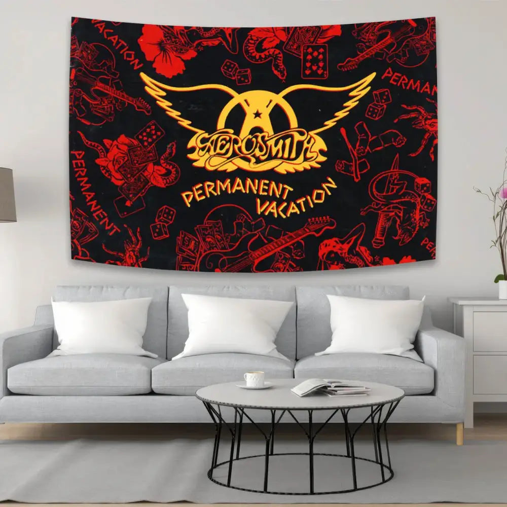 Black and red aerosmith band tapestry with permanent vacation design featuring logo wings guitars dice and roses decorbites decor