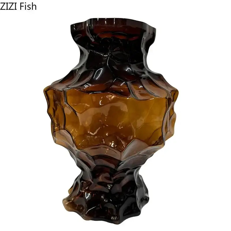 Aesthetic amber irregular glass vase with a dark brown textured base by decorbites irregular glass for bedroom decor