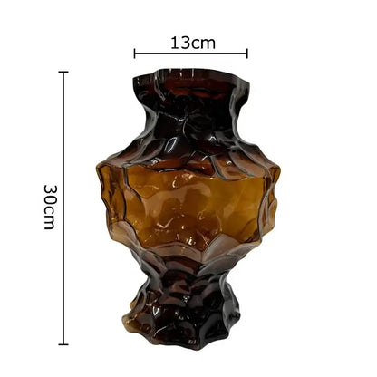 Aesthetic amber irregular glass vase with textured sculpted surface and darkened base by decorbites irregular glass