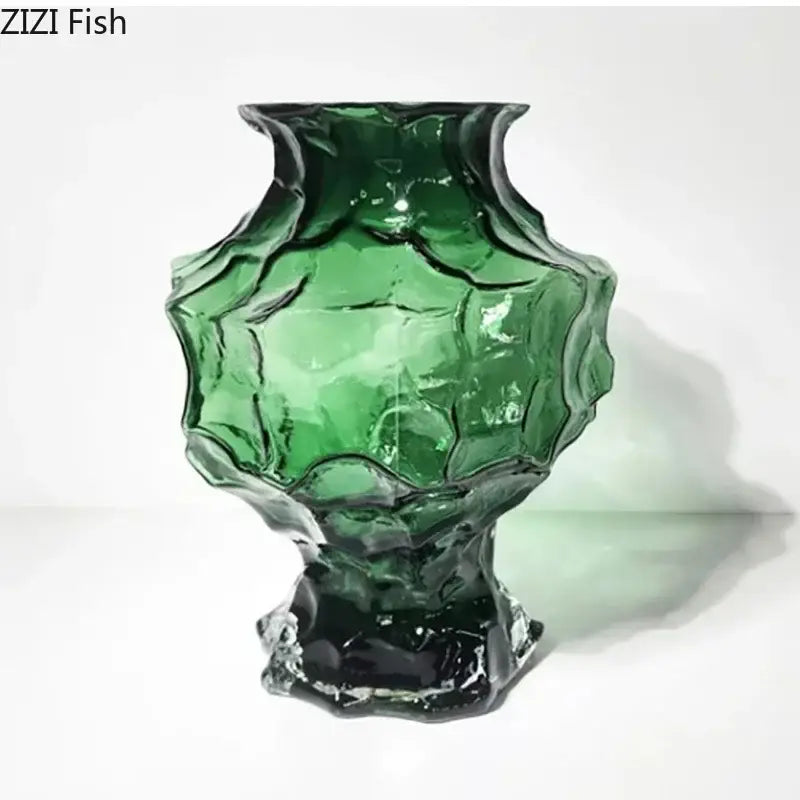 Aesthetic amber decorbites irregular glass vase with deep green textured organic shape and faceted base for bedroom decorbites irregular