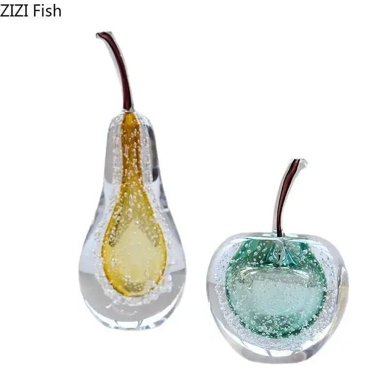 Clear glass fruit sculpture with yellow pear and green cherry featuring embedded bubbles, ideal for desk ornament decor