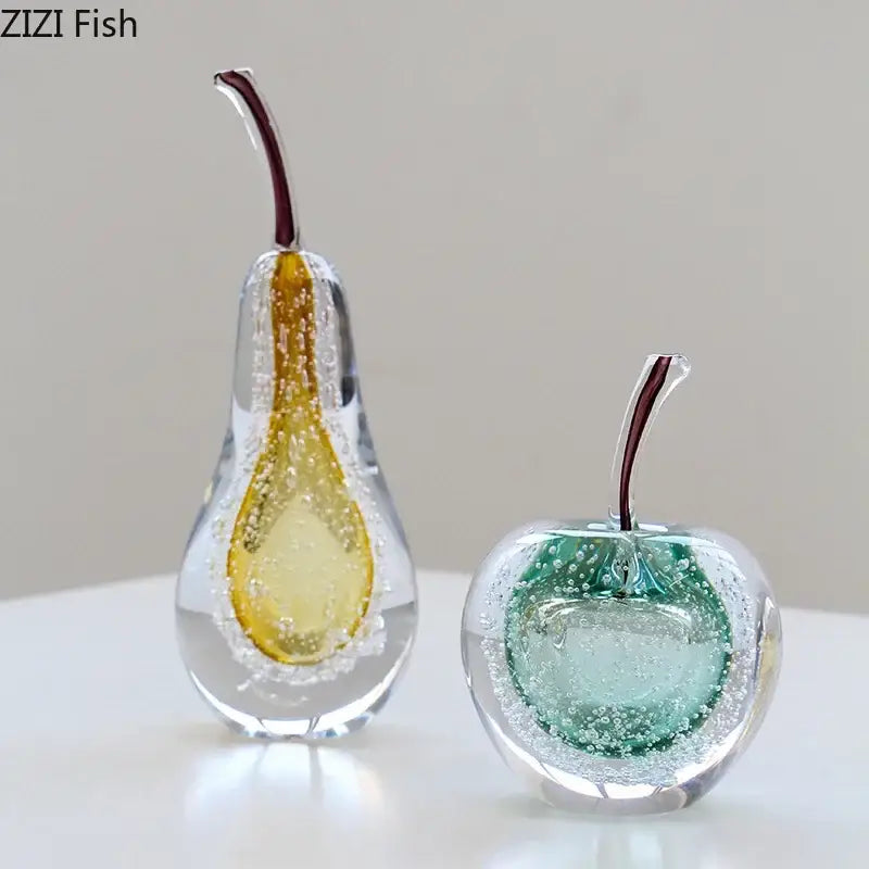 Clear glass fruit sculpture desk ornament featuring amber pear and green cherry with embedded bubbles for decor