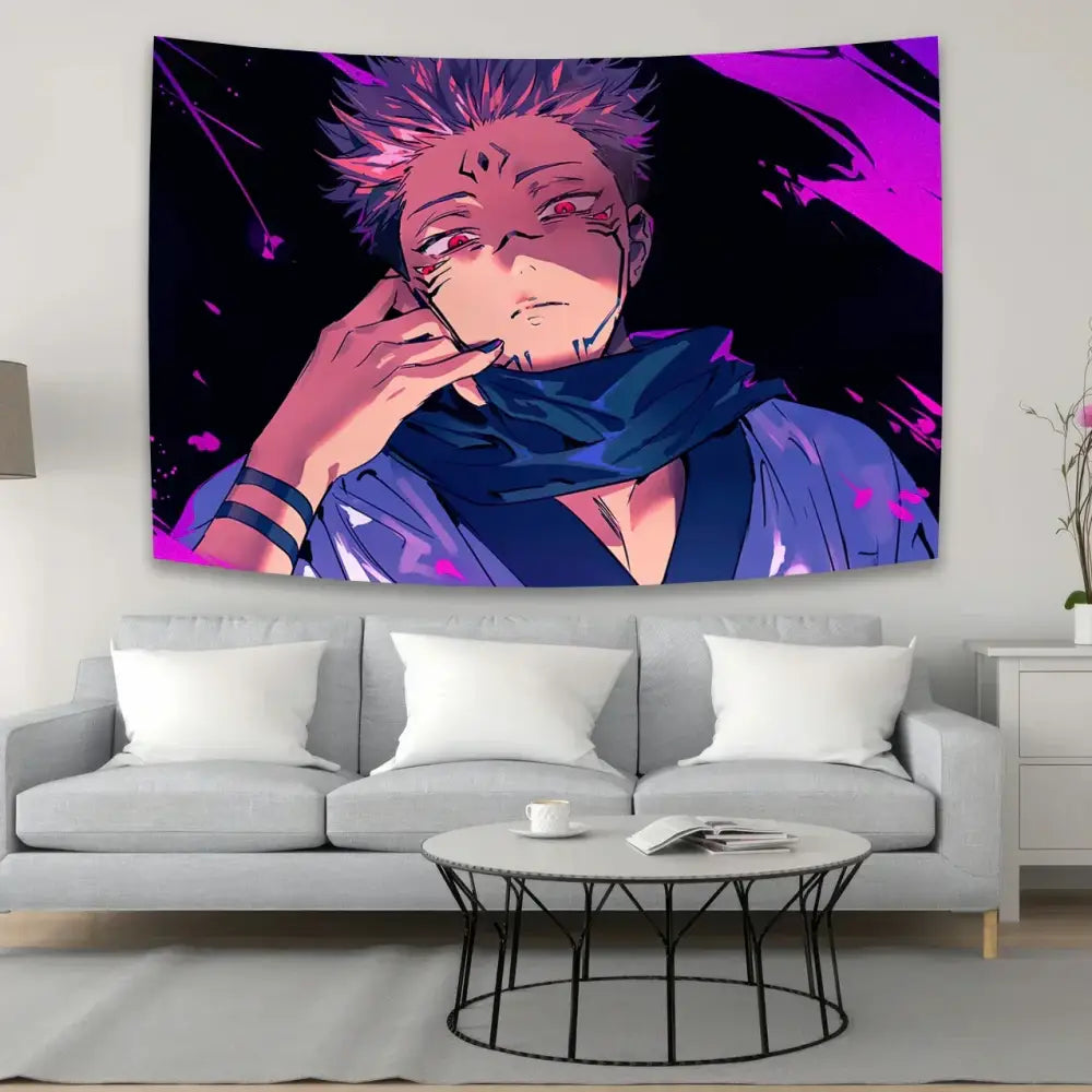 Aesthetic purple and black jujutsu kaisen anime tapestry featuring spiky hair red eyes and blue scarf bedroom wall art