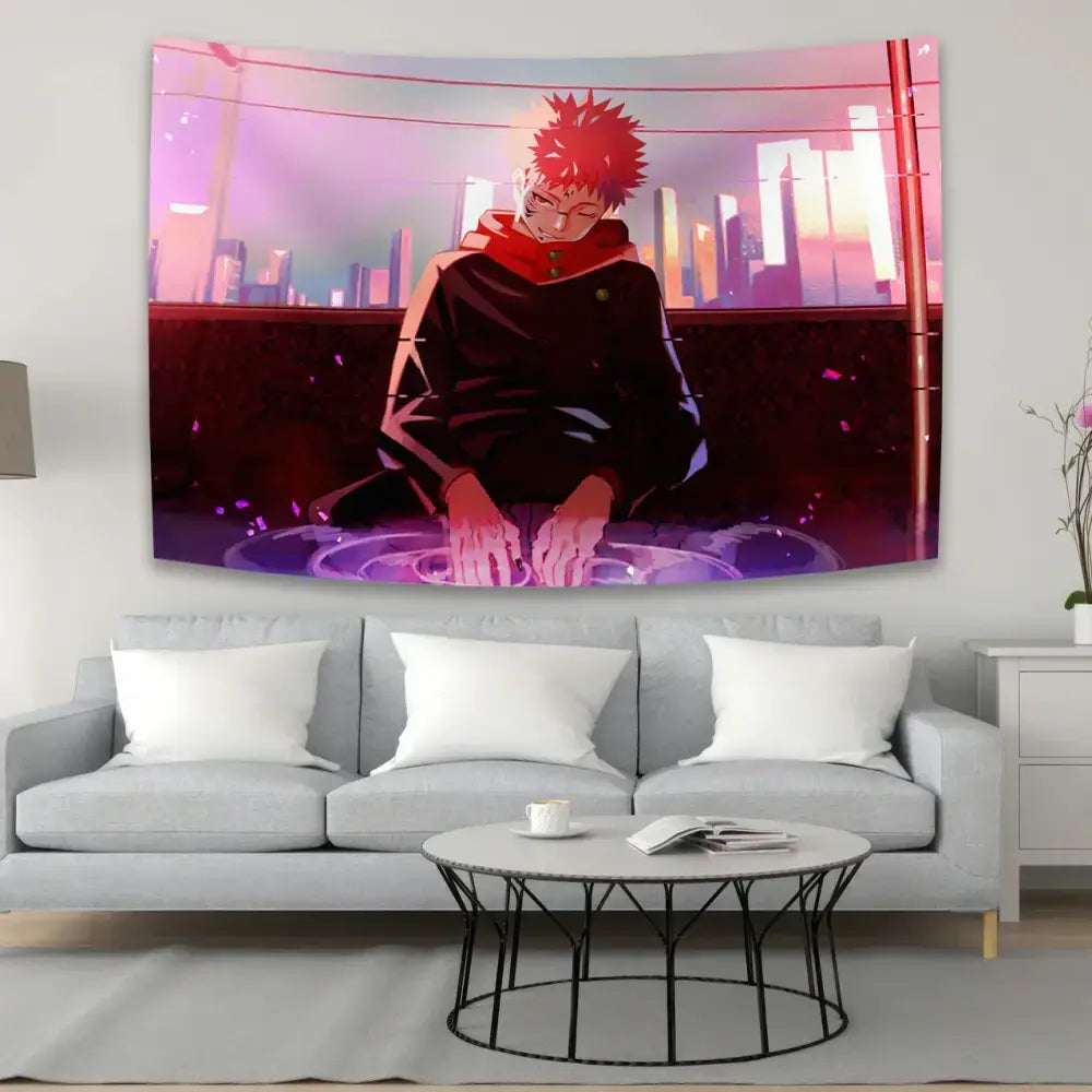 Vibrant pink and purple jujutsu kaisen anime tapestry featuring a spiky-haired character in dark outfit on cityscape backdrop