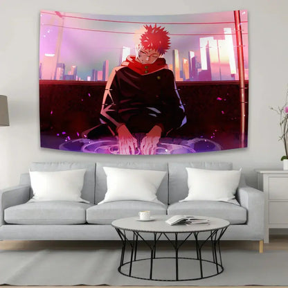Vibrant pink and purple jujutsu kaisen anime tapestry featuring a spiky-haired character in dark outfit on cityscape backdrop