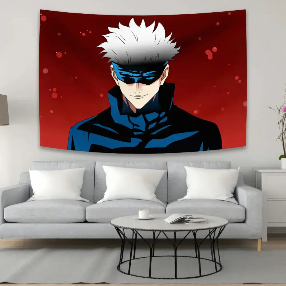 Red and black jujutsu kaisen anime tapestry featuring spiky white-haired figure with blue eye mask on vibrant red background