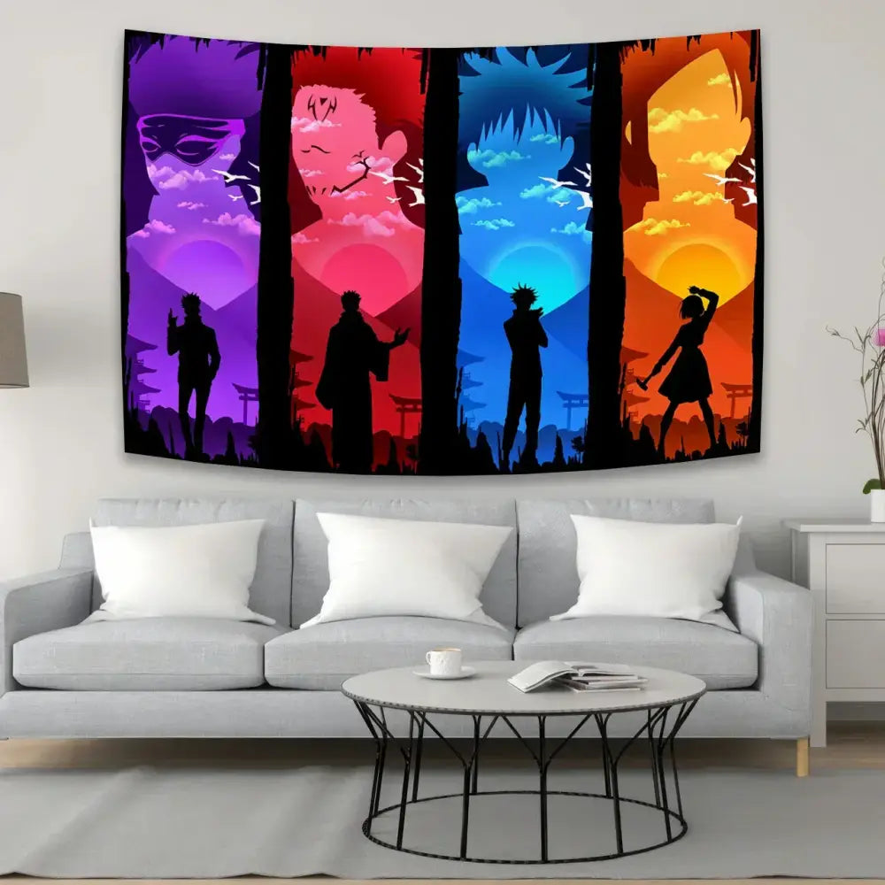 Aesthetic purple and black jujutsu kaisen anime tapestry with vibrant multi-colored silhouettes for bedroom wall art