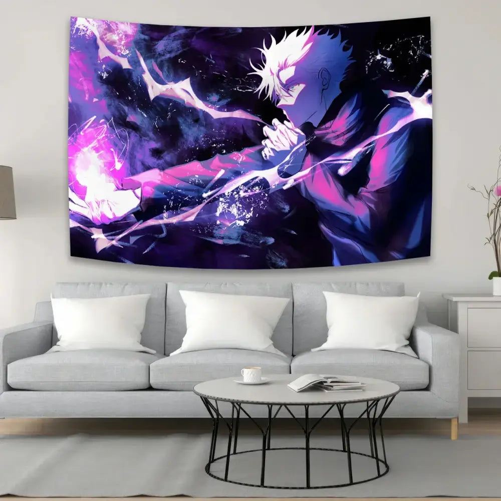 Aesthetic purple and black jujutsu kaisen anime tapestry featuring vibrant purple and pink dynamic characters in action