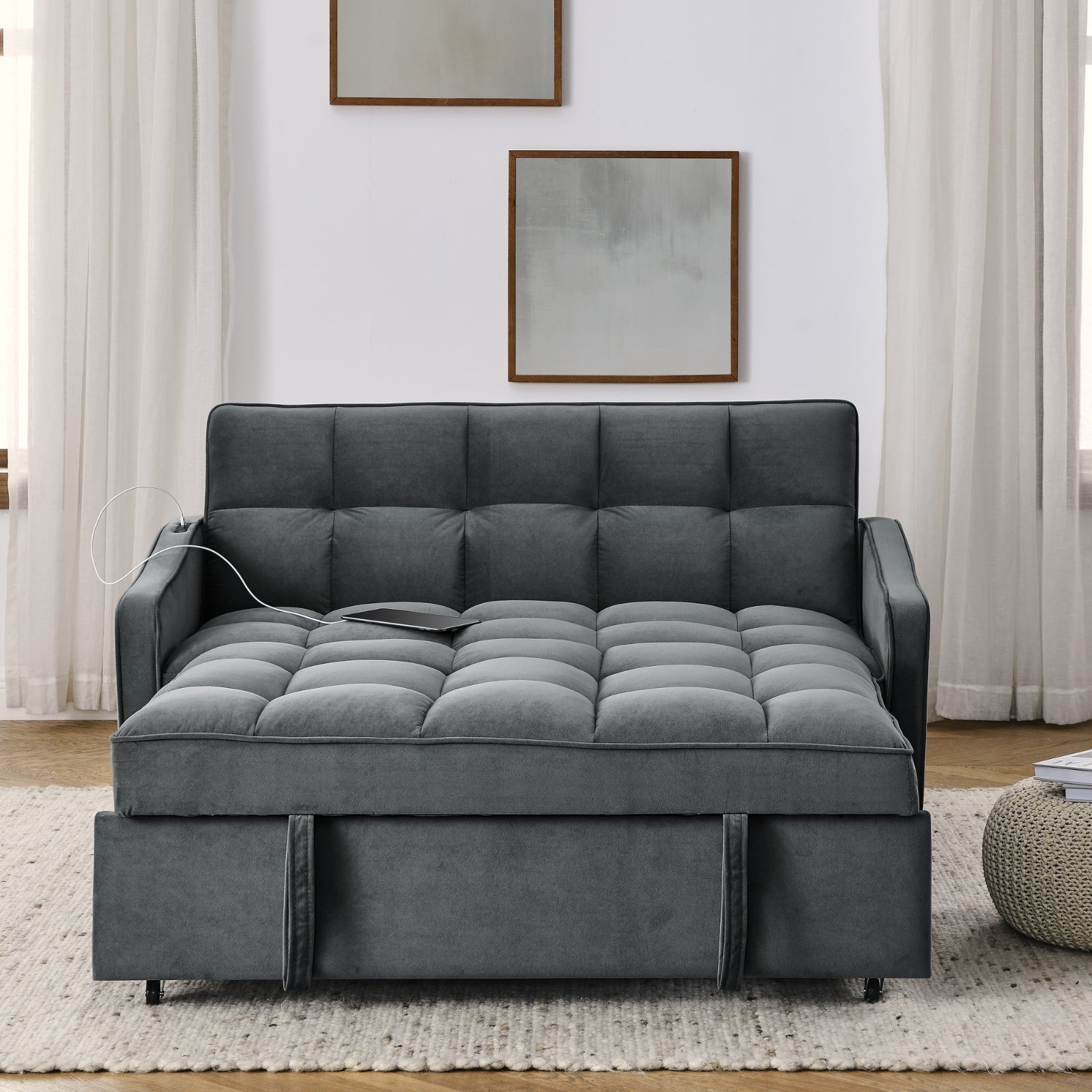 Grey Velvet Sofa Bed Pull-Out Adjustable Back
