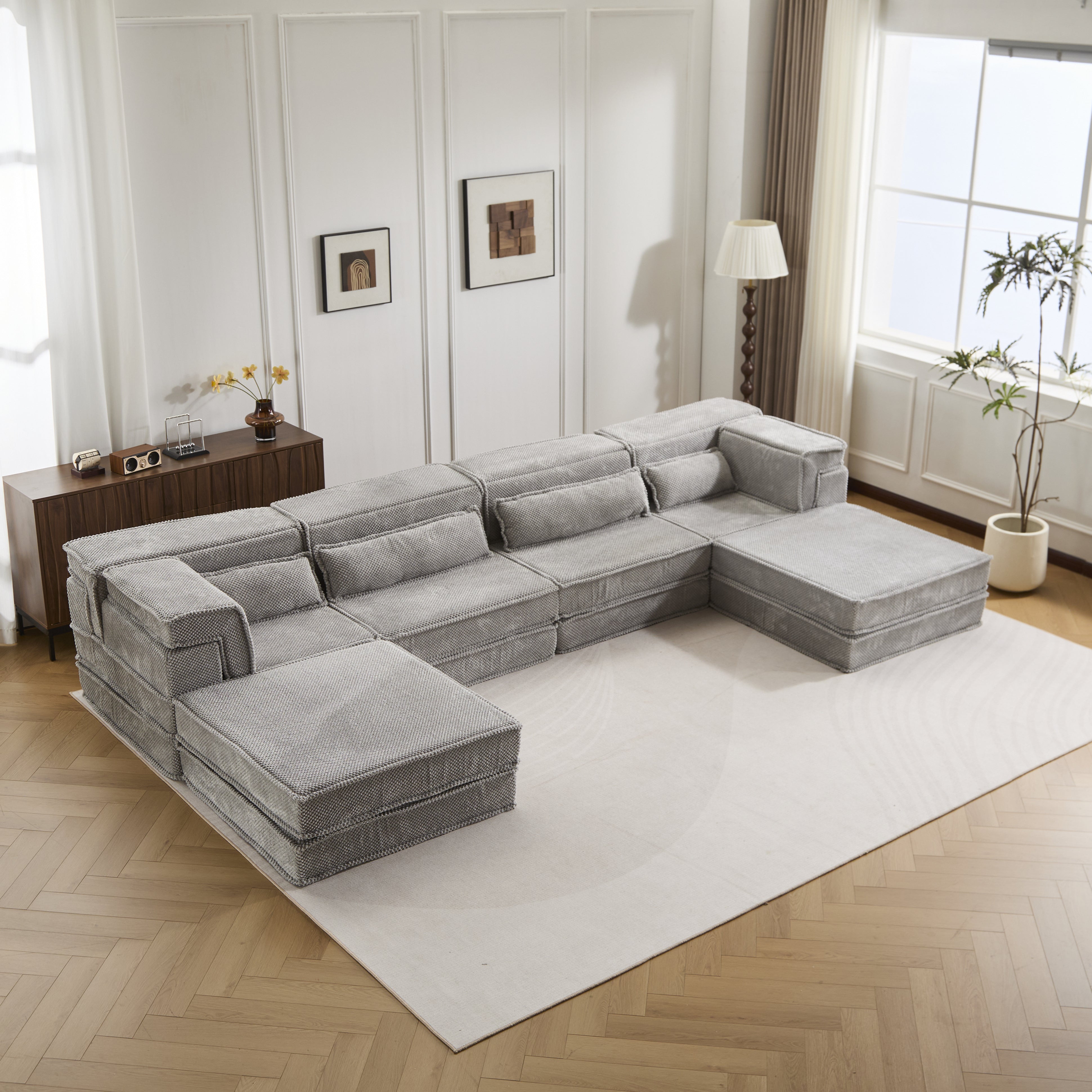 Sofá Mahjong de Compresión, Sofá Cama Convertible para el Suelo, Sofá Seccional Modular sin Huesos DIY, Sin Ensamblaje Requerido, Tejido de Lana de Cirlo, Cuatro Plazas Sobredimensionado con 2 Otomanos, Gris Claro