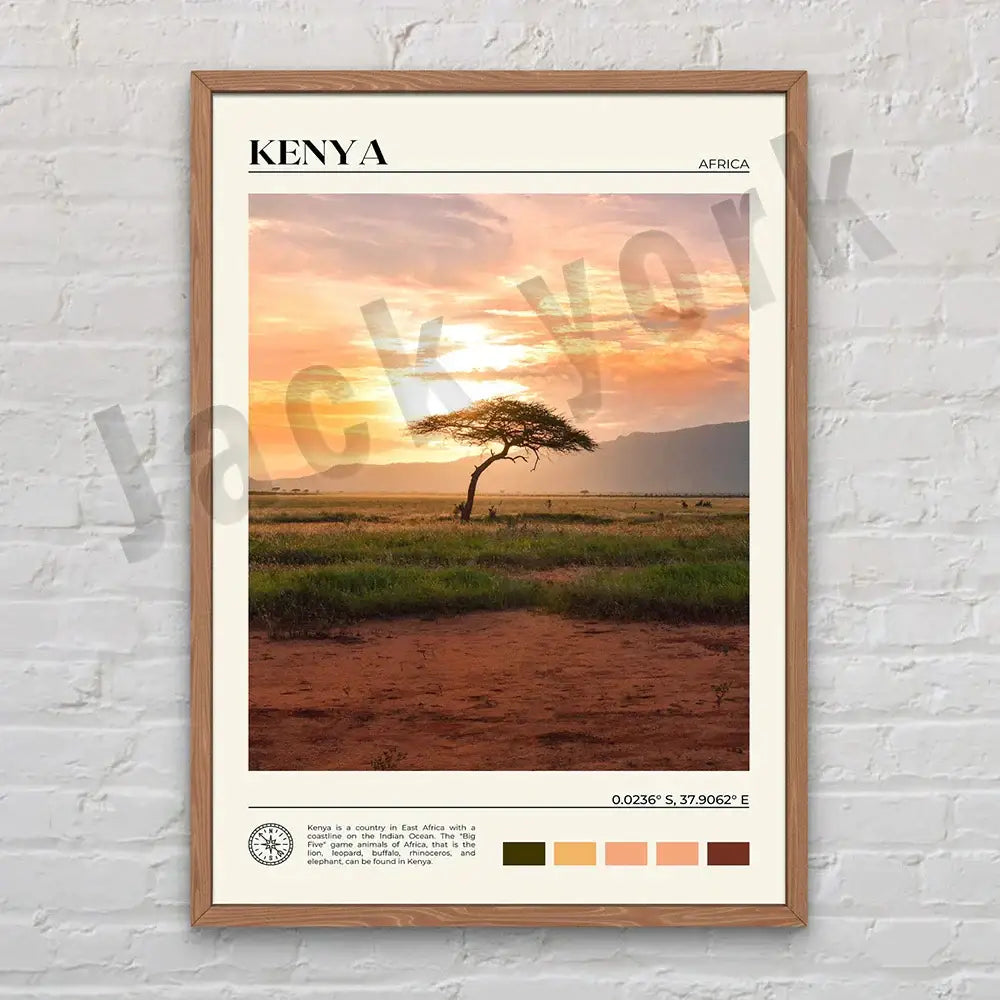 A framed kenya travel poster with sunset acacia tree and color swatches in decorbites canvas printings set of 6