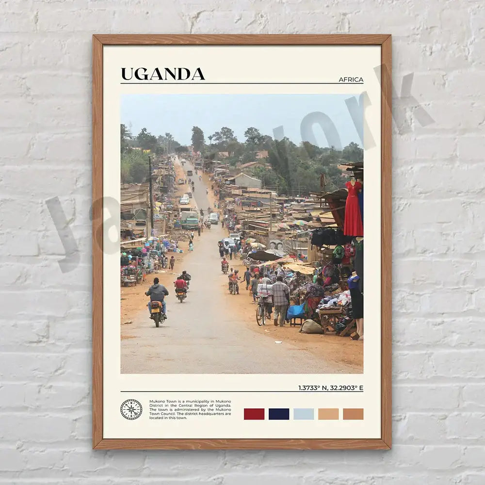 A framed decorbites canvas printings featuring a wooden frame and uganda market scene for living room decor