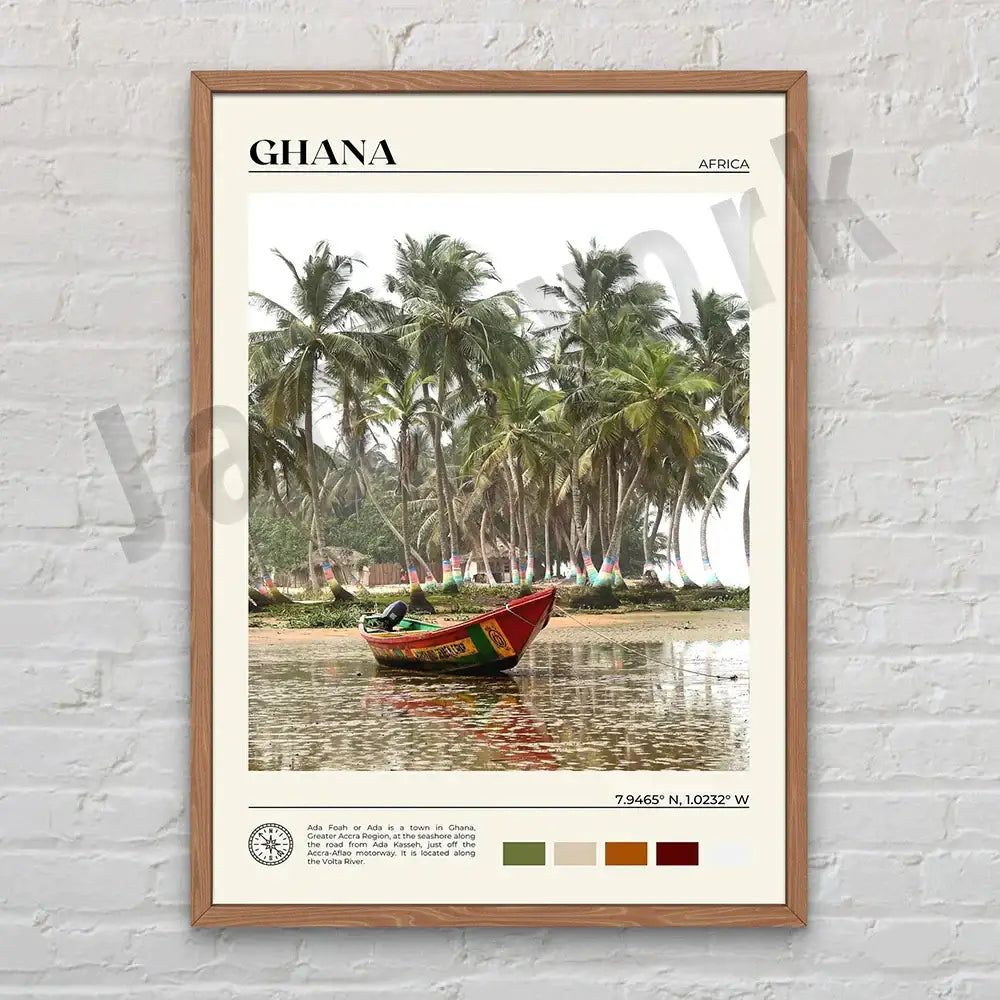 A framed ghana travel poster featuring a vibrant red and green wooden boat among palm trees in decorbites canvas printings set