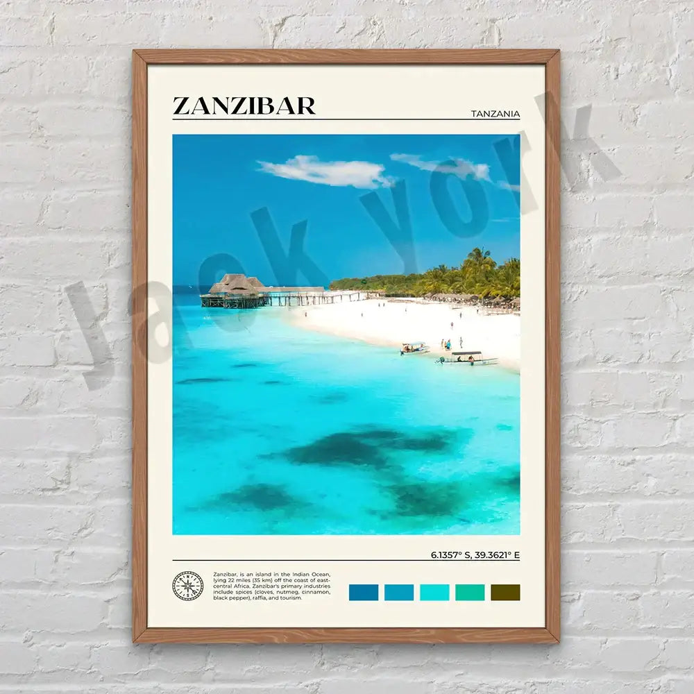 A framed decorbites canvas printing set featuring vibrant turquoise ocean and white sandy beach in Zanzibar Tanzania
