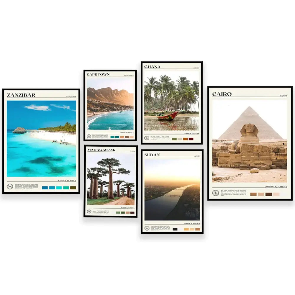 Set of six framed decorbites canvas printings featuring iconic african destinations for living room decor