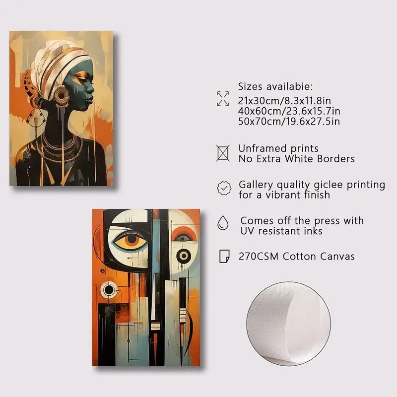 Vibrant abstract portrait on 270csm cotton canvas featuring a stylized african woman in orange teal black wall art set