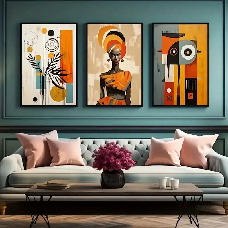 A vibrant purple floral arrangement in a black vase complements the decorbites™ african abstract wall art set 3 pieces