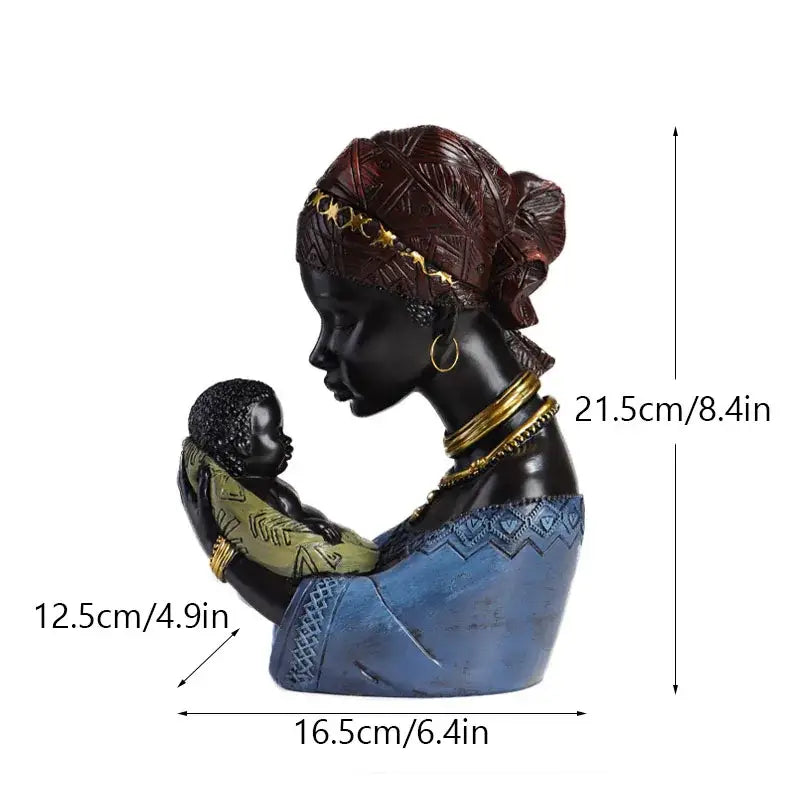 African exotic black mother and child figurine with dark brown headwrap gold jewelry blue garment and green baby wrap decorbites african exotic