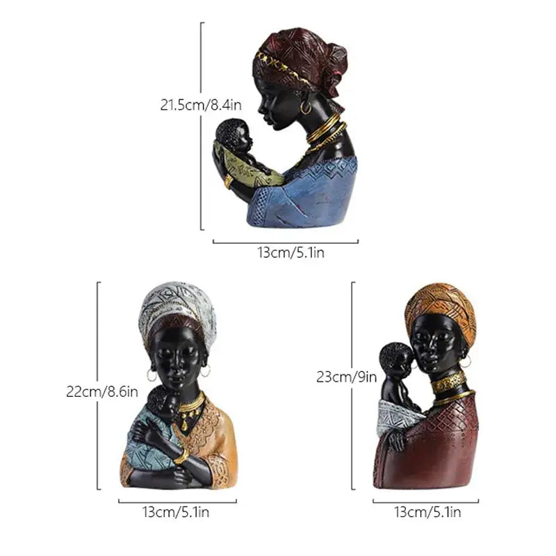 Three resin african exotic black mother and child figurines with colorful attire for living room decorbites decor