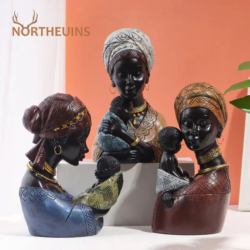 Three detailed african exotic black resin mother and child figurines with gold jewelry for living room decorbites decor