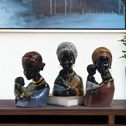 Three resin african exotic black mother and child figurines with gold jewelry for living room decorbites decor