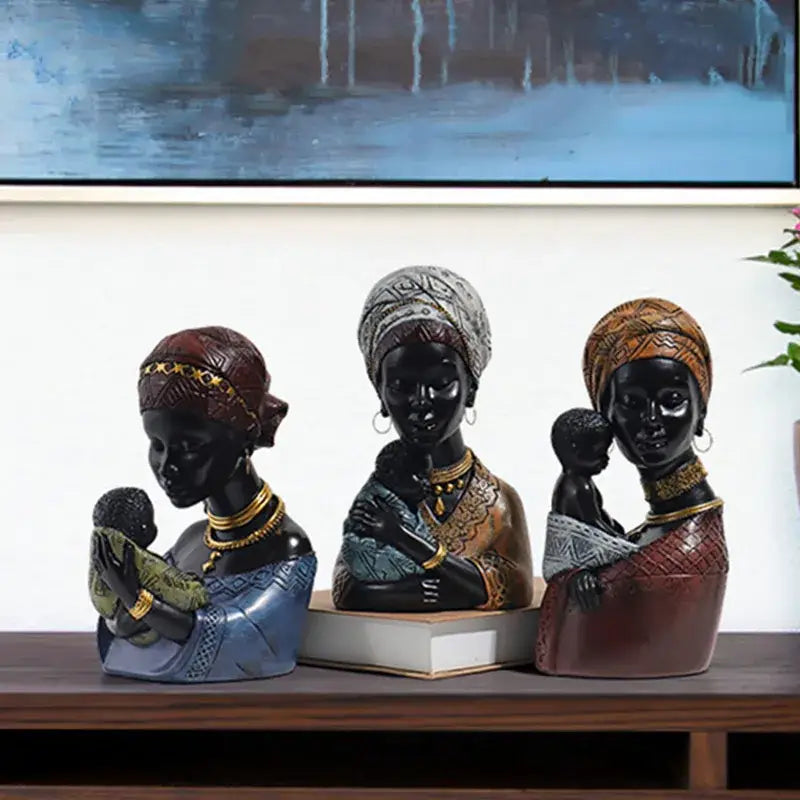 Three resin african exotic black mother and child figurines with gold jewelry for living room decorbites decor