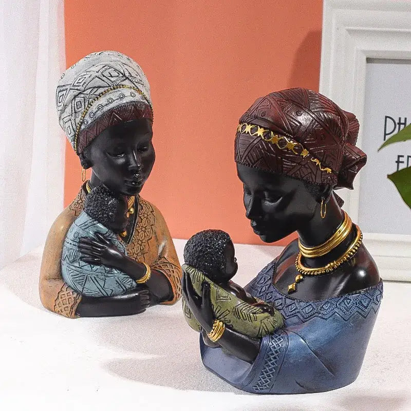 Two intricately detailed resin african exotic black mother and child figurines with traditional headdresses for decorbites african exotic decor