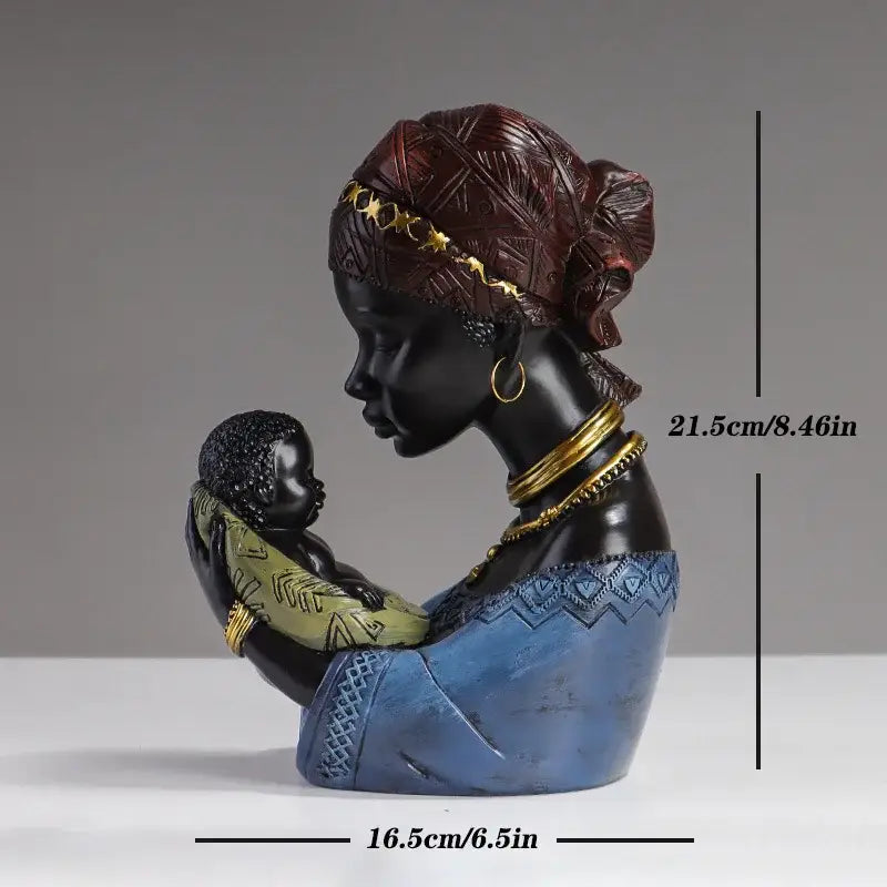 Black resin african mother child abstract statue with gold detailing on headwrap and jewelry for living room decorbites decor