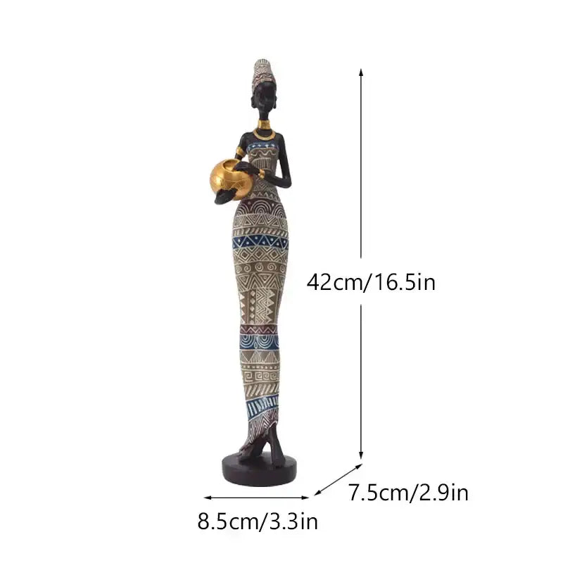 African style black woman resin figurine with beige and blue geometric dress holding gold bowl for living room decorbites black woman