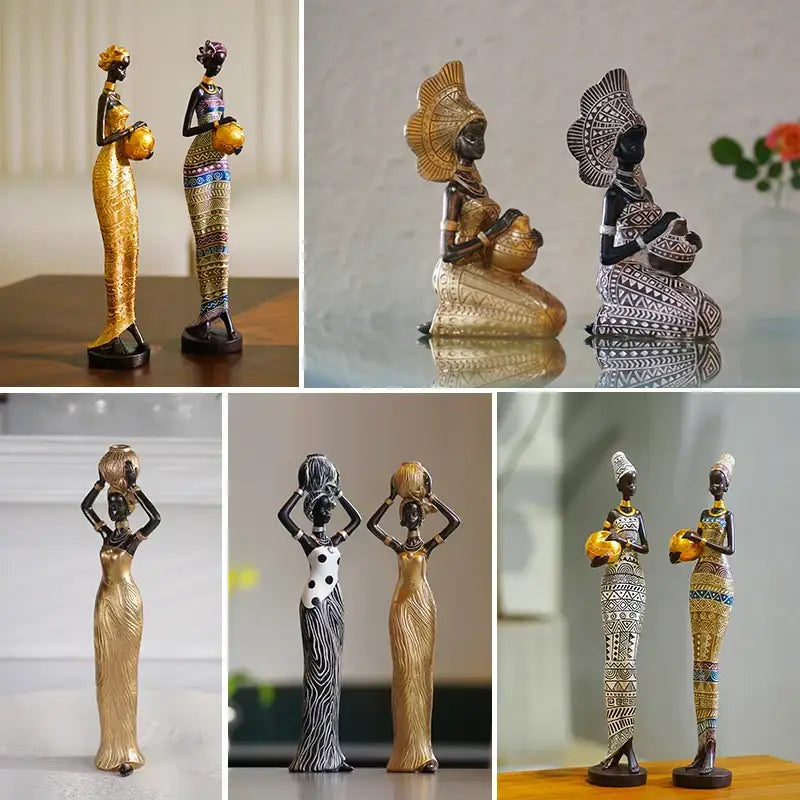 African style black woman resin figurine with gold accents featuring colorful traditional attire for living room decorbites decor
