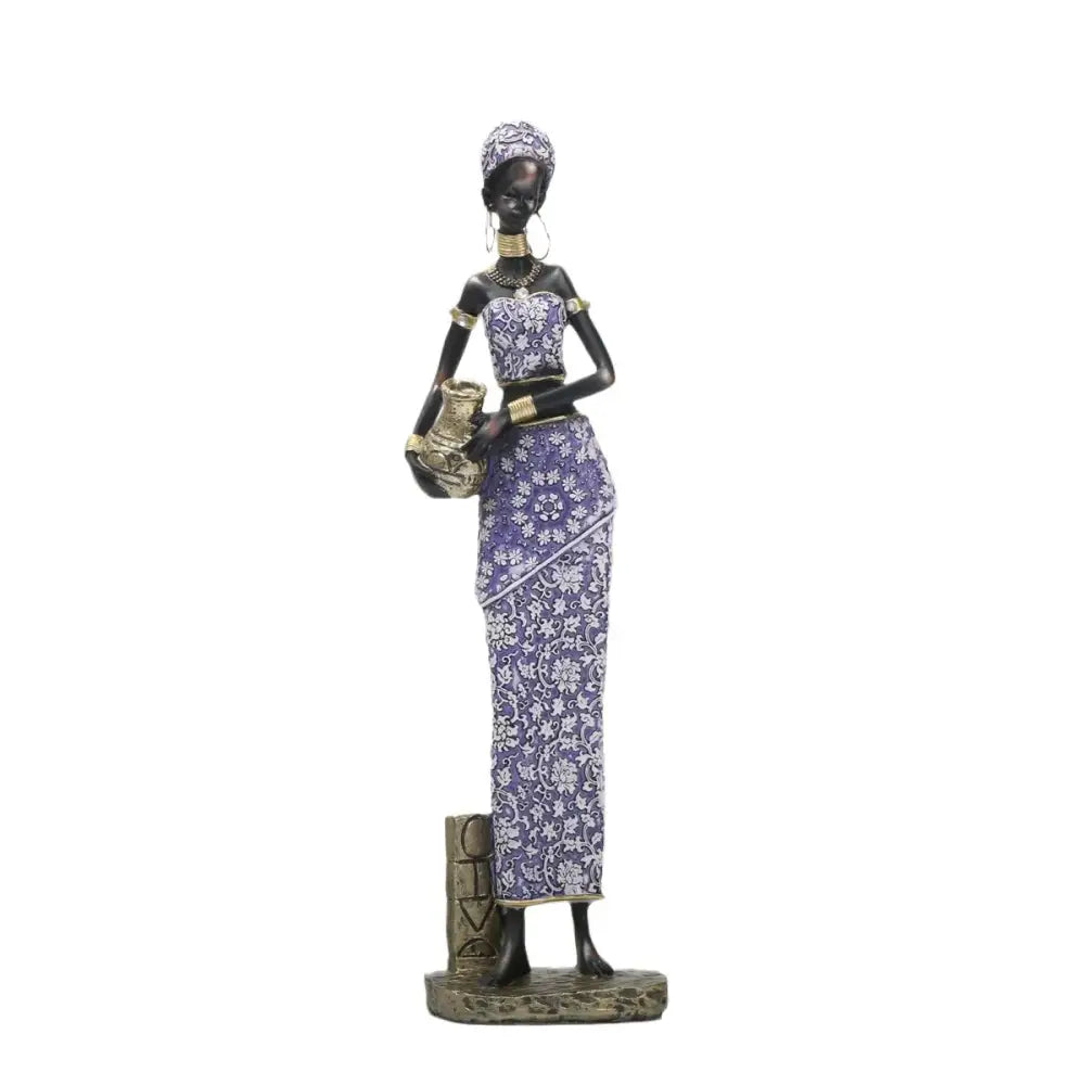 African woman sculpture in purple and gold patterned dress holding decorative vessel for decorbites african woman set
