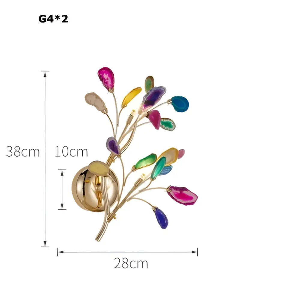 A vibrant multi-colored glass leaf wall sconce with gold metal base from decorbites agate designer led chandelier collection
