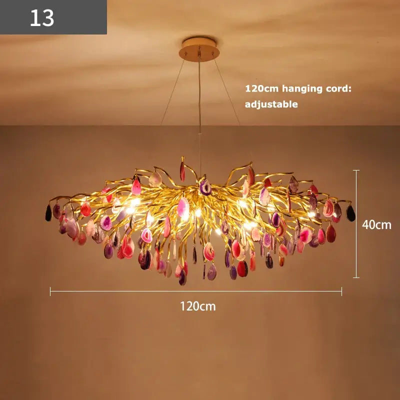 A gold decorbites agate designer led chandelier with colorful pink and purple agate slices for dining room light