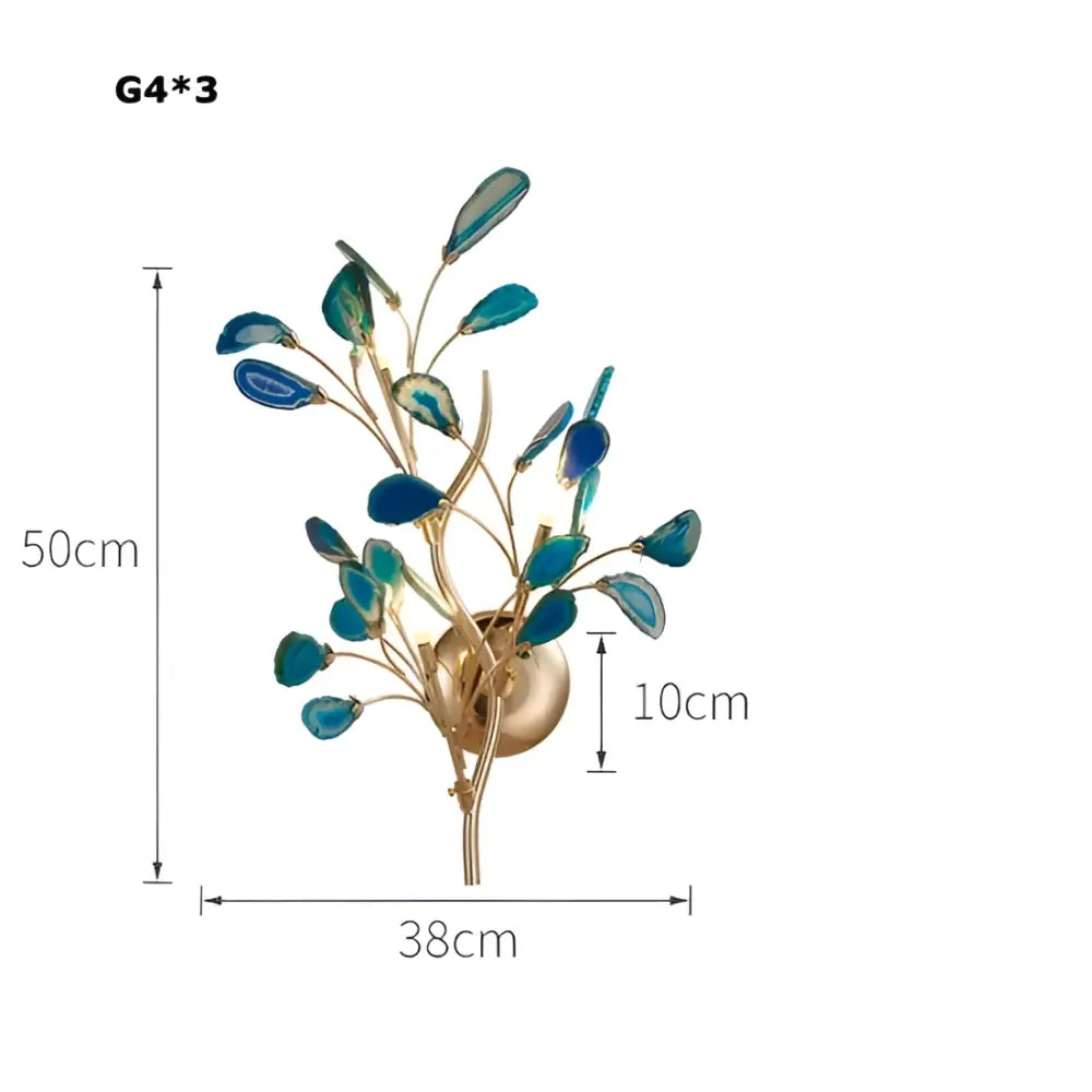 Gold-toned decorbites agate designer led wall sconce with branching stems and teal glass leaves for elegant dining room decor