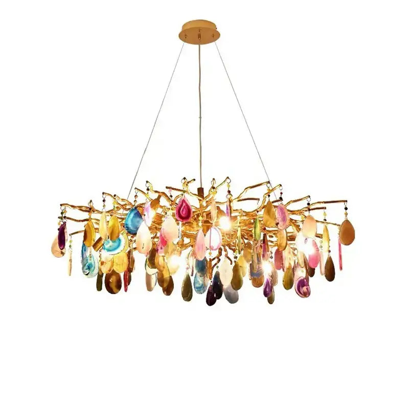 A decorbites agate designer led chandelier with gold branches and colorful teardrop agate slices for dining room decor