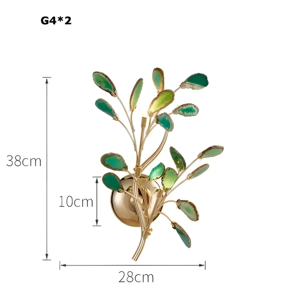 Gold-toned decorbites agate designer led wall sconce with leaf-shaped green agate accents for elegant dining room decor