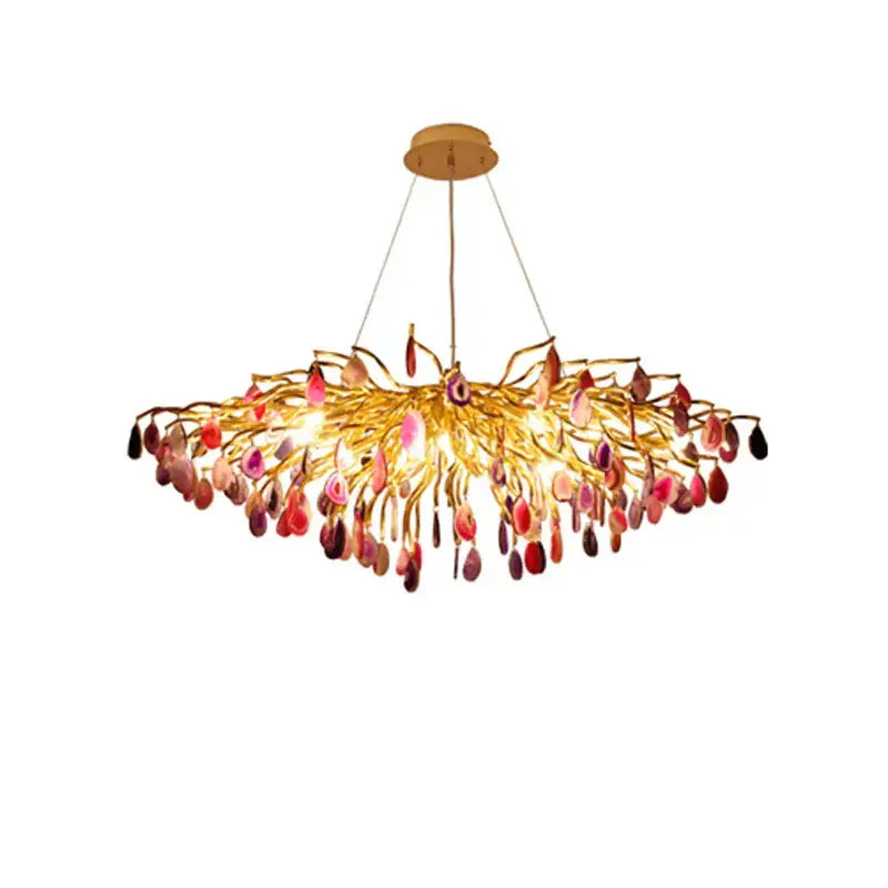 Golden decorbites agate designer led chandelier with branching arms and pink purple teardrop agate stones for dining room