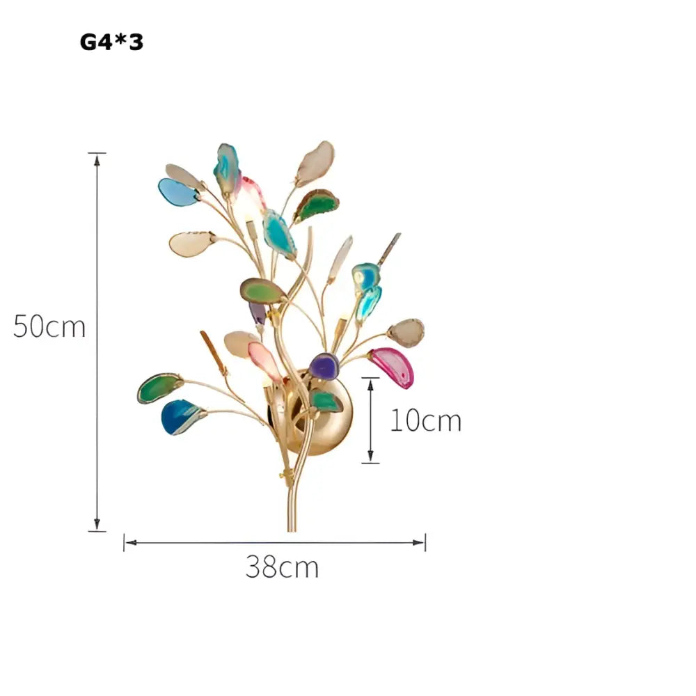 Agate designer led chandelier with colorful translucent gemstone leaves and gold metallic tree-branch fixture for dining room decor