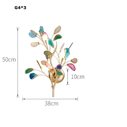 Agate designer led chandelier with colorful translucent gemstone leaves and gold metallic tree-branch fixture for dining room decor
