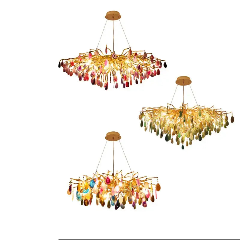 Three ornate gold-toned decorbites agate designer led chandeliers with colorful glass pendants for dining room decor