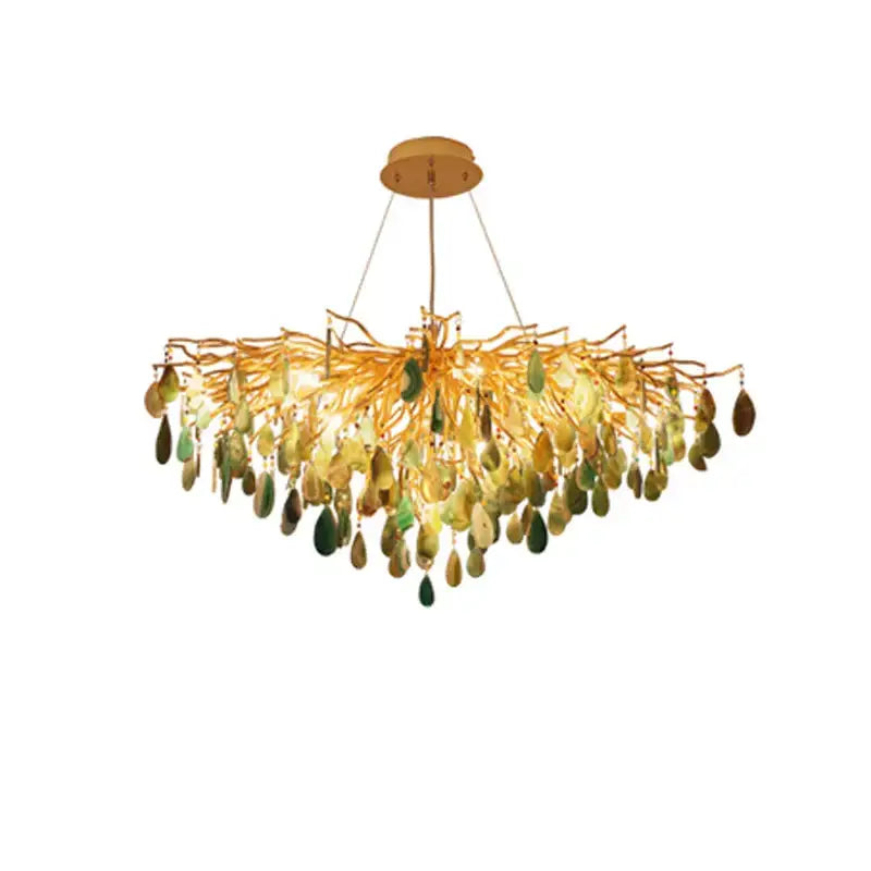 Golden leaf-shaped decorbites agate designer led chandelier with green and amber teardrop crystals for dining room light