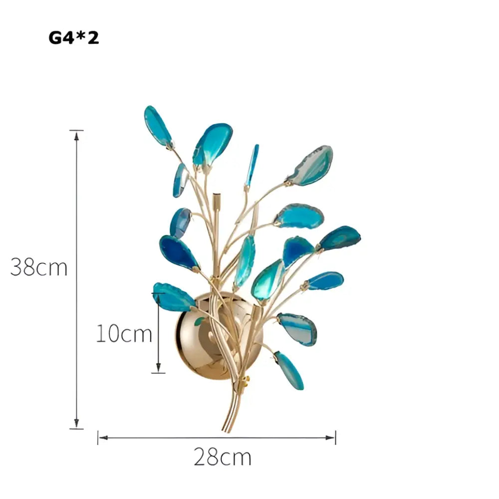 Blue translucent glass leaf wall sconce with gold-toned metal branches from decorbites agate designer led chandelier collection