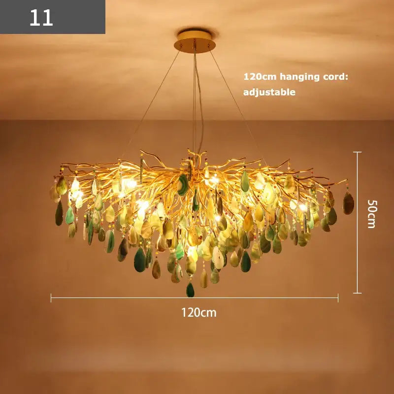 Golden branch-style decorbites agate designer led chandelier with green and yellow jade-like pendants for dining room lighting