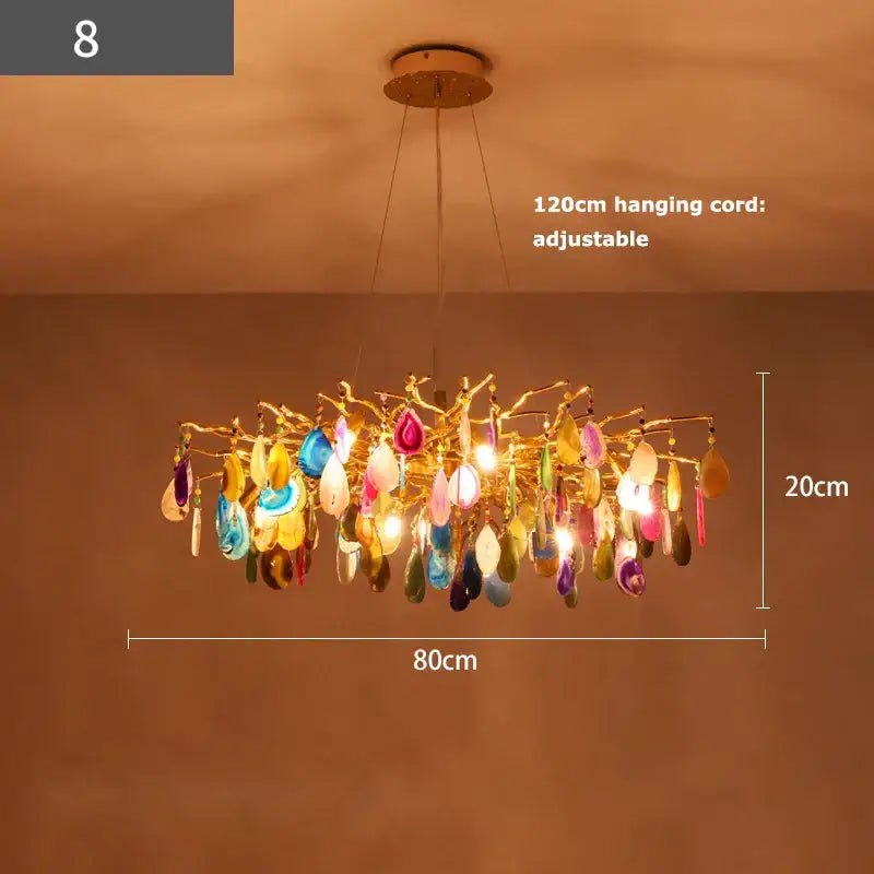 Golden decorbites agate designer led chandelier with colorful translucent agate slices for dining room decor